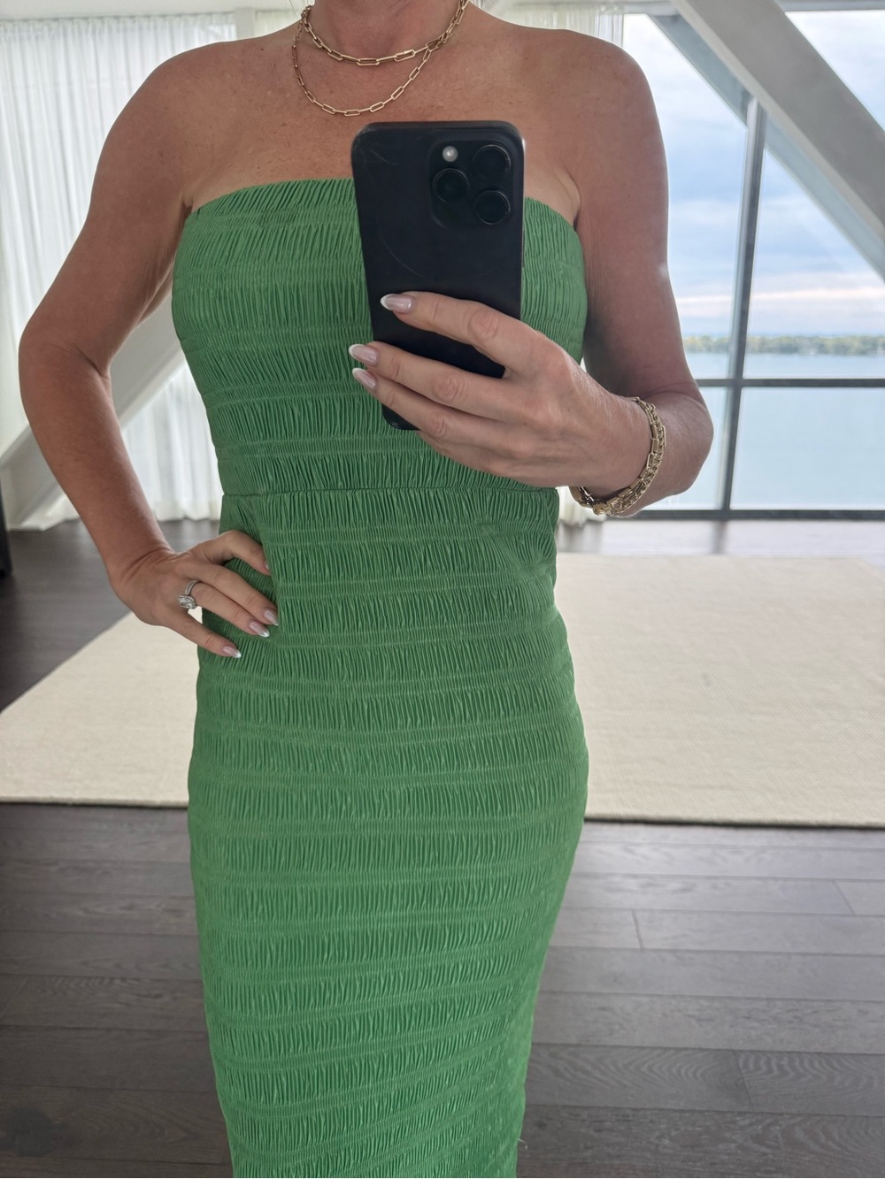 Strapless Emerald Green Smocked Midi Dress